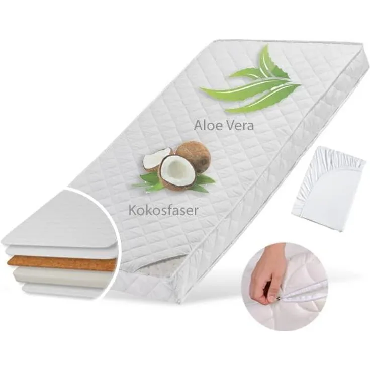 Babymatratze 70x140 cm KOKOS mit gestepptem Aloe Vera-Bezug, Spannbettlaken und zwei Härtegraden, 10 cm hoch, Babymatratze Kindermatratze 70x140 Kokos-Matratze für Babybett oder Kinderbett