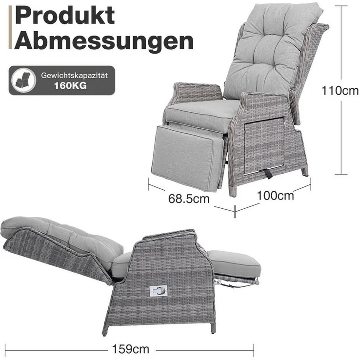 HOMECALL Rattanstuhl Gartensessel Indoor Verstellbar Liegestuhl Gartenliege balkonliege (Wetterfester Rahmen, klappbarem Beistelltisch und Fußstütze), COMLAX FIELD – Bild 2