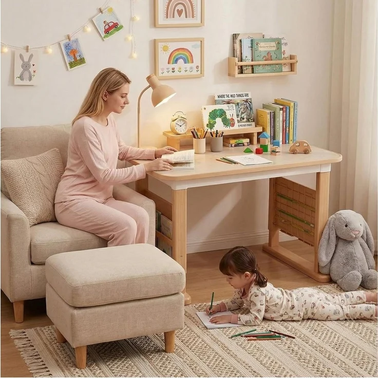 TLGREEN Kinderschreibtisch mit Stuhl Set Höhenverstellbarer (Kinderaußenhocker innen/außen nutzbar, Graffiti-Tisch 3-12 Jahre, mit Seiten-Bücherregal & Ablagekasten), Stabiler Kinderlernplatz für Kinderzimmer/Garten/Arbeitszimmer – Bild 2