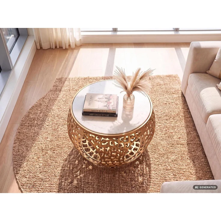 Couchtisch 60cm Aluminium Gold mit weißer Marmor Tischplatte - Runder Wohnzimmertisch mit Stauraum - Design Sofatisch - Moderner Loungetisch - Edler Beistelltisch Wohnzimmer Handgefertigt – Bild 5
