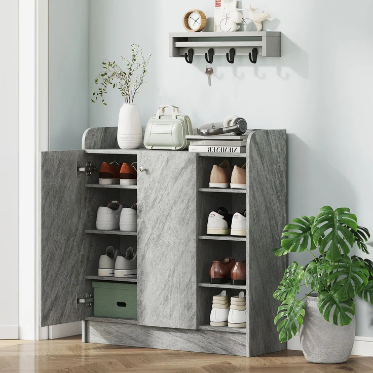 Schuhschrank, Platz für 12 Paar Schuhe, 2 Türen und 4 offene Fächer, für Flur oder Eingangsbereich, Grau--Grau--90x30x83cm--YOUDENOVA – Bild 3