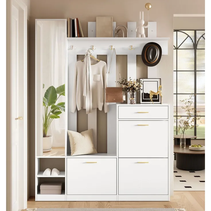 CHICFURN Schrank 133x180x23,5 cm als Garderoben-Set mit 3 Schuhkippern und Spiegel Weiß