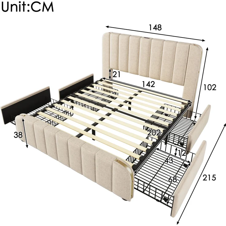 Polsterbett Doppeltes, gepolstertes Kopfteil mit goldenen Zierstreifen und ,USB Typ-C Ladefunktion 140*200 cm, Beige Leinen-Material mit 4 Schubladen ,Belastbarkeit 181 kg (Ohne Matratze) – Bild 2