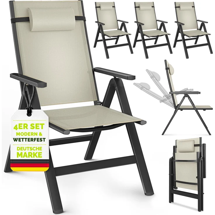 tillvex Gartenstuhl Premium 4 Stück Beige klappbar aus Aluminium | Hochlehner mit Armlehnen | Klappstuhl verstellbar | Klappsessel Balkon Garten Terrasse – Bild 1