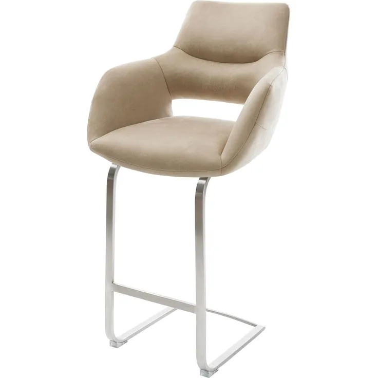 Barstuhl Yago-Flex Mikrofaser Beige Vintage Freischwinger Flach Edelstahl Silberfarben Taschenfederkern