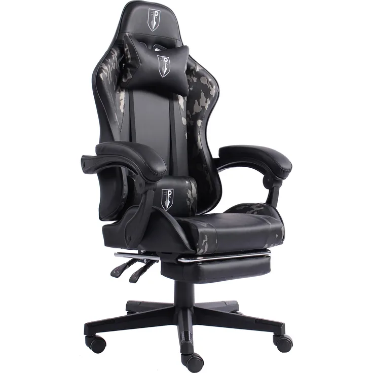 Gaming Chair im Racing-Design mit flexiblen gepolsterten Armlehnen - ergonomischer PC Gaming Stuhl in Lederoptik - Gaming Schreibtischstuhl mit ausziehbarer Fußstütze und extra Stützkissen Schwarz/Military -Grau