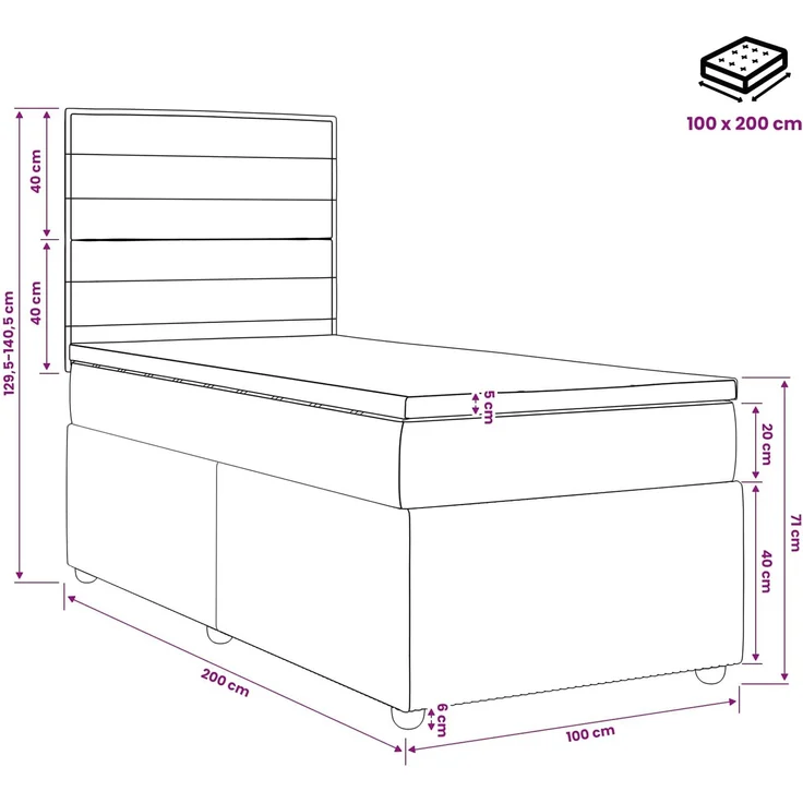 vidaXL Boxspringbett mit Matratze Schwarz 100 x 200 cm Stoff 3454321 – Bild 11