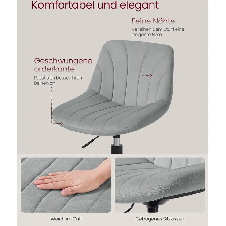 VASAGLE Schminkhocker, Schminkstuhl mit Rückenlehne, höhenverstellbar, um 360° drehbar, für Schlafzimmer, Esszimer, Samt-Bezug, Taubengrau LJB160GD01 – Bild 6