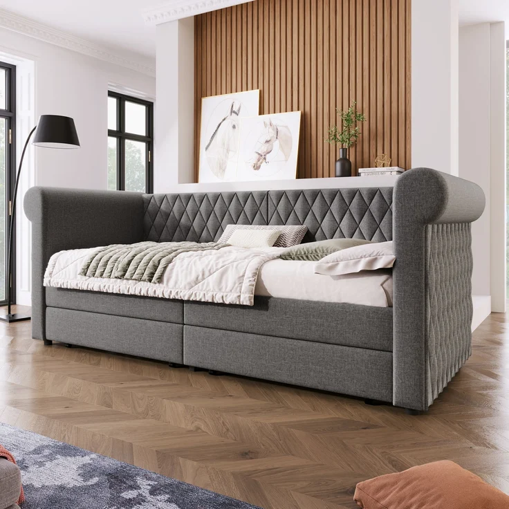 Polsterbett 90x200 cm mit 2 Schubladen – elegantes Schlafsofa in Grau, ohne Matratze – Bild 1