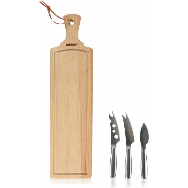Boska Käseset Amigo, 4-tlg, Holzbrett mit 3 Käsemessern, Käsebrett, Buchenholz, Edelstahl, Braun, 358208