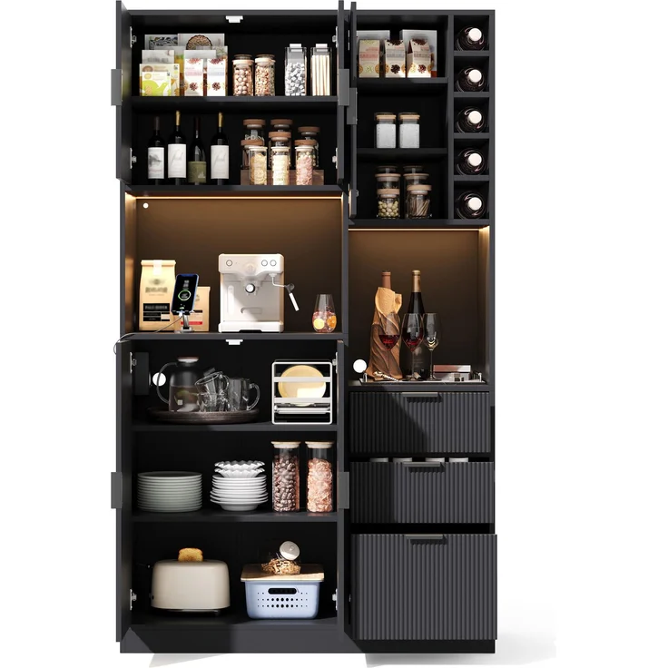 ZUBALIYA Weinschrank 105x40x180 cm, mit LED-Beleuchtung, mit Steckdosen, mit verstellbaren Einlegeböden, aus MDF, Schwarz – Bild 21