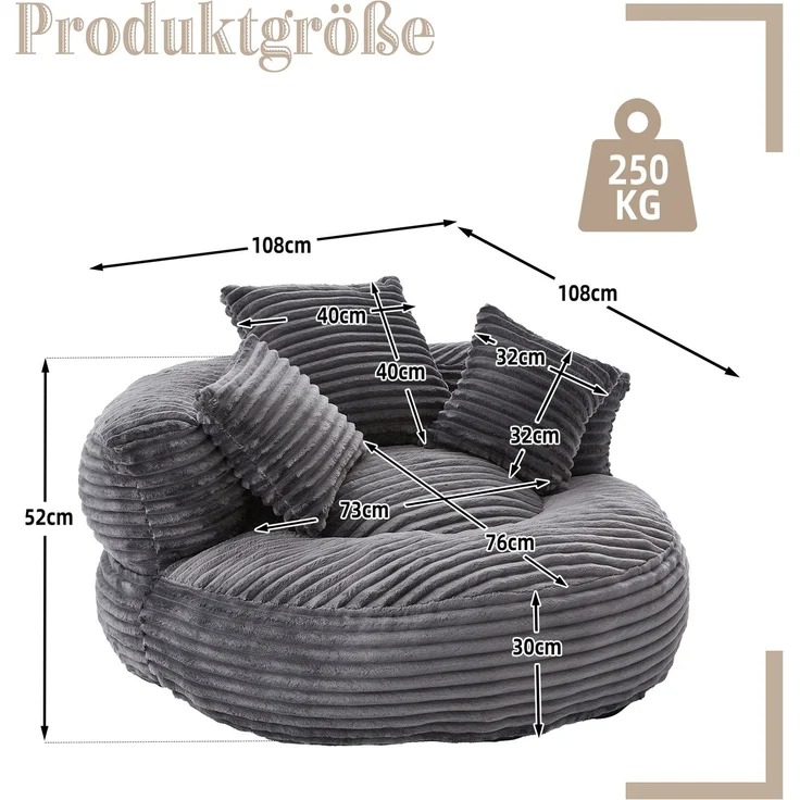 Sitzsack 108x108x52 cm in Dunkelgrau aus Cordstoff mit hoher Rückenlehne und Armlehnen – Bild 3