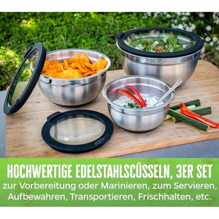 Grillfürst Servierschale Grillfürst BBQ Edelstahlschüssel Set mit Glasdeckel – Bild 3