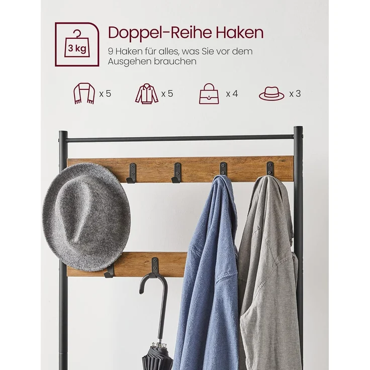 Vasagle Garderobenständer, Kleiderständer mit Schuhablagen, Schuhregal mit Sitzfläche, für Flur, mit Haken, 3 Ablagen, aus Metall, Höhe 175 cm, Industrie-Design, walnussbraun-schwarz HSR041B41 – Bild 3