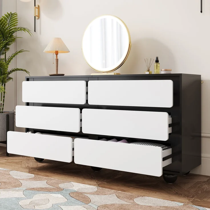 Abrihome Sideboard mit 6 Schubladen, Weiß, 74x38x140 cm – Bild 2