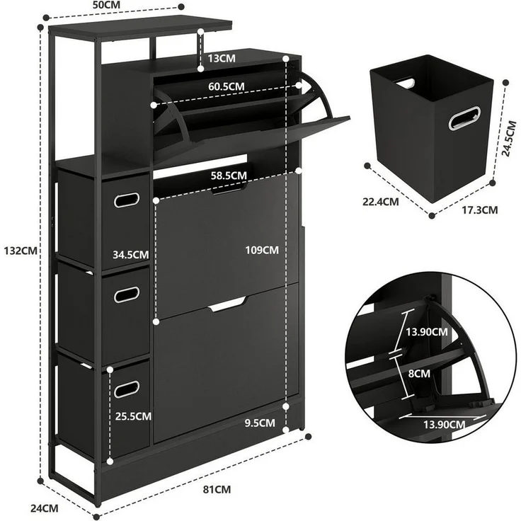 Puluomis Schuhschrank mit 3 Stoffschubladen, Aufbewahrungsschrank für Schuhe, 81 x 24 x 132 cm Kippsicherer Flurschrank mit Höhenverstellbaren Böden & Füßen – Bild 2