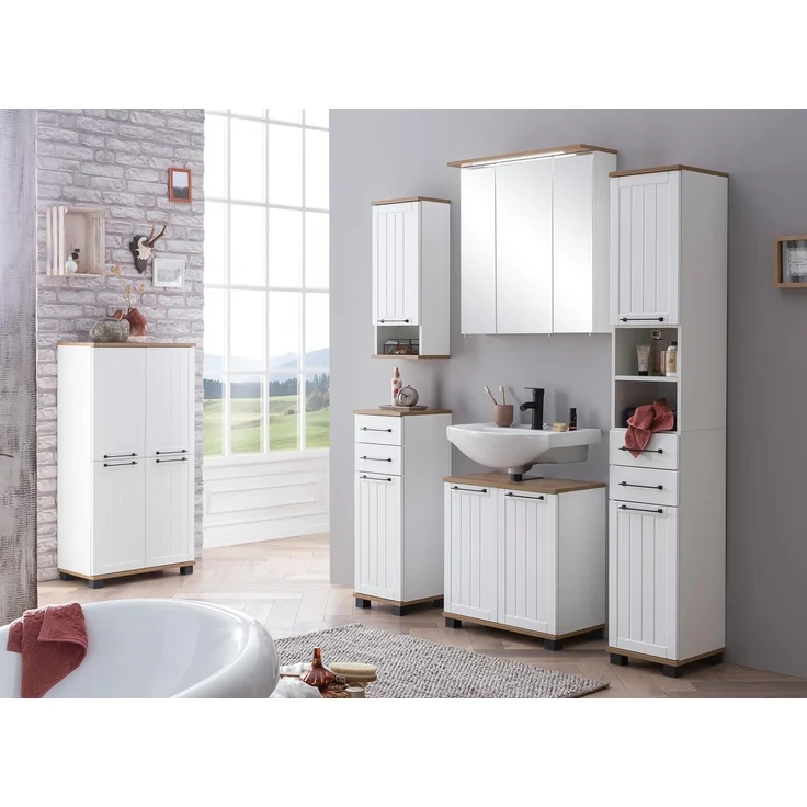 SCHILDMEYER Highboard Hochschrank Badschrank Schrank Jelda mattweiß Eiche Lh. – Bild 2