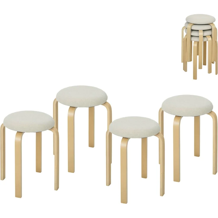Polsterhocker im 4er-Set, stapelbar, lackierte Oberfläche, Holzbeine, Cremeweiß--Cremeweiß--45x40x40cm--YOUDENOVA – Bild 2