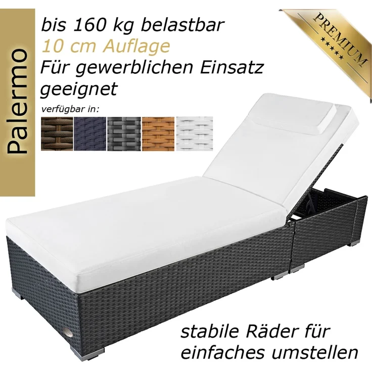 Sonnenliege Palermo mit Rollen (inkl. Auflage, Farbe wie abgebildet) aus hochwertigem Polyrattan, Liegen Farbe: Grau-Silber – Bild 1