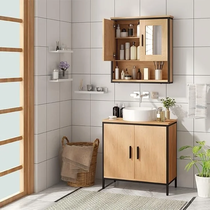 EUGAD Badmöbel-Set, (3-St), Unterschrank mit Tür, Badschrank mit 2 Spiegeln, kommode mit Regal – Bild 2