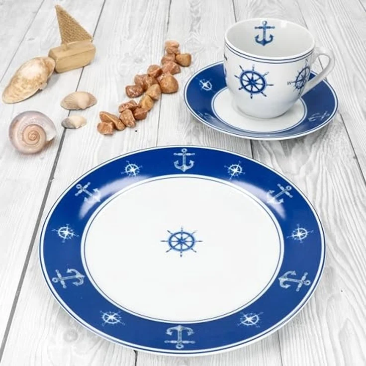 MamboCat Kaffeeservice Ahoi 18tlg Kaffeeservice Porzellan 6Pers Tasse Teller Anker nautisch, Porzellan – Bild 3