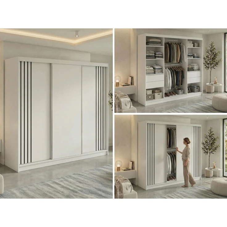 Schwebetürenschrank NAURU mit Lamellen-Optik, moderner Kleiderschrank, Breite 240 cm, inkl. Innenausstattung & Stauraum, Akustikpaneel-Design - Weiß und Schwarz - mit Schubladen – Bild 2