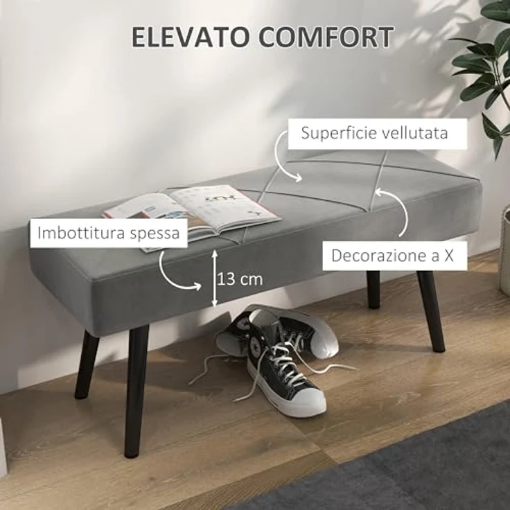 HOMCOM Polsterbank Sitzbank mit X-Muster, in Samtoptik, bis 120 kg Belastbar (Flurbank, 1-St, Bettbank), für Schlafzimmer, 100 x 36 x 45 cm, Grau – Bild 5