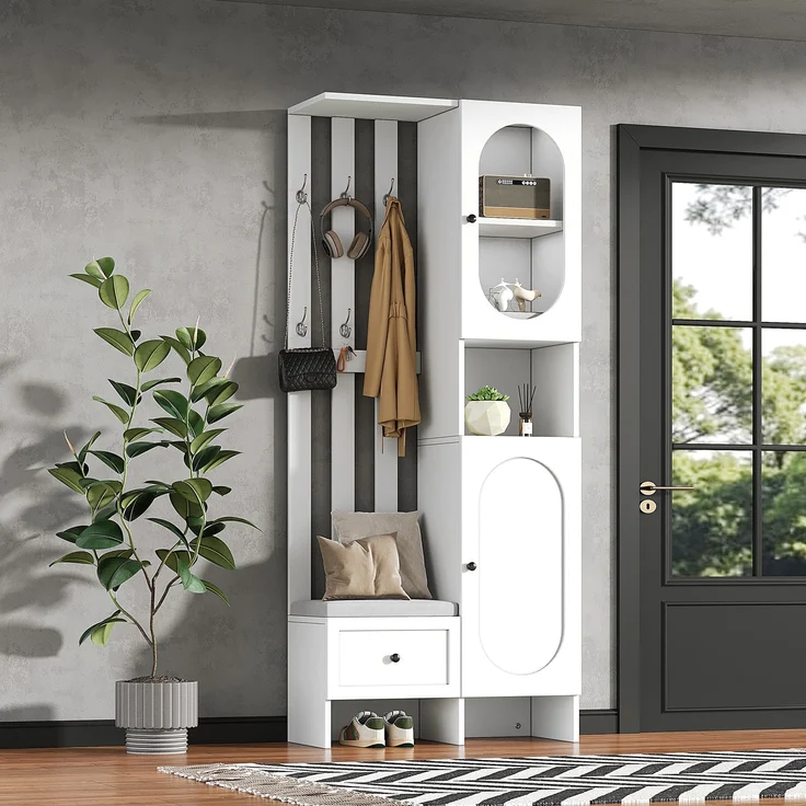 85*33.5*200cm Kompaktgarderoben,Startseite Möbel Mit 2 Schränken,Aufbewahrungsschrank aus gehärtetem Glas, Garderoben-Set Weißer Eingangsschrank, Garderobenständer mit Schuhbank und Polster – Bild 4