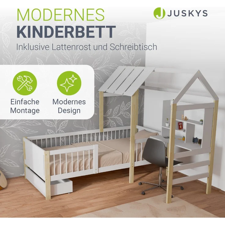 Juskys Kinderbett Yari 90x200 cm - Integrierter Schreibtisch, Praktische Schublade, Massiver Kieferrahmen, Pflegeleicht, 150 kg belastbar - weiß/natur – Bild 2
