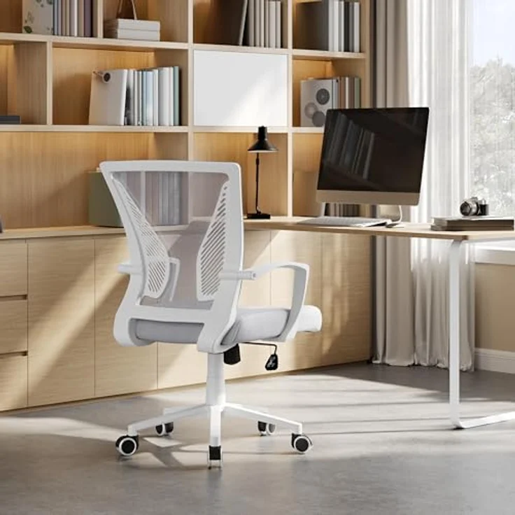 Yaheetech Bürostuhl Ergonomisch, Schreibtischstuhl mit Netzbespannung, Arbeitsstuhl mit Armlehnen, Chefsessel aus Mesh, höhenverstellbarer Computerstuhl 136 kg, atmungsaktiv, Wippfunktion Hellgrau – Bild 4