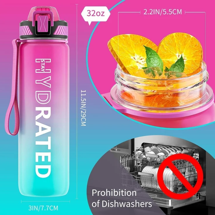 QLUR Trinkflasche 1L BPA-Frei mit Strohhalm und Zeitmarkierung Lila Grün – Bild 6