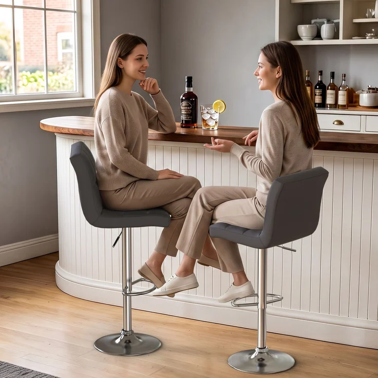 Botifly 2er Set Barhocker Grau Kunstleder, Höhenverstellbar 60-80cm, 360° Drehbar mit Fußstütze, SGS Zertifiziert für Küche, Bar & Theke – Bild 6