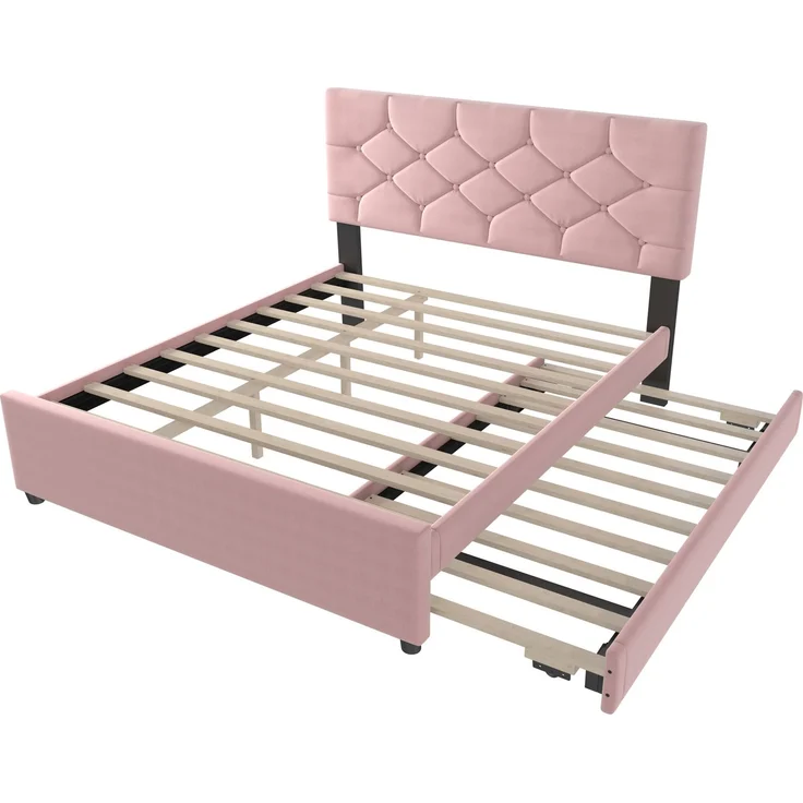 Polsterbett 140×200 cm aus Samt-Stoff mit Rollbett und Lattenrost, rosa – Bild 7