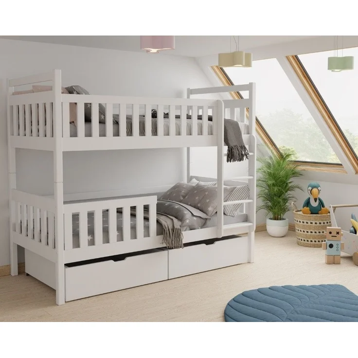 Deine Möbel 24 Etagenbett Kinderbett MICO für 2 Kinder in 90x200, Farben: Weiß / Cashmere (Matratzen optional, 2-St, Bett, mit Lattenrost, Rausfallschutz, 2 Schubladen und Leiter), aus Massivholz Vollholz, in 2 Kinderbetten umbaubar
