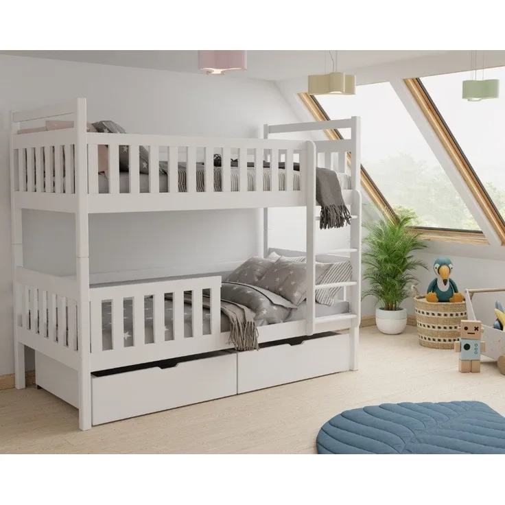 Deine Möbel 24 Etagenbett Kinderbett MICO für 2 Kinder in 90x200, Farben: Weiß / Cashmere (Matratzen optional, 2-St, Bett, mit Lattenrost, Rausfallschutz, 2 Schubladen und Leiter), aus Massivholz Vollholz, in 2 Kinderbetten umbaubar