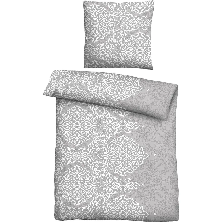 Traumhaft schlafen - Castell - Markenbettwäsche Poly-Cotton Seersucker Bettwäsche 0290334 ORNAMENT, sturmgrau, 1x 135x200 cm + 1x 80x80 cm
