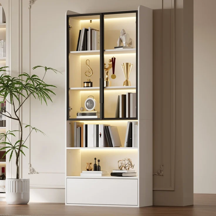 DESVIAE Vitrine mit LED-Beleuchtung und Schublade, MDF und Glas, Weiß, 80x180x34 cm – Bild 9