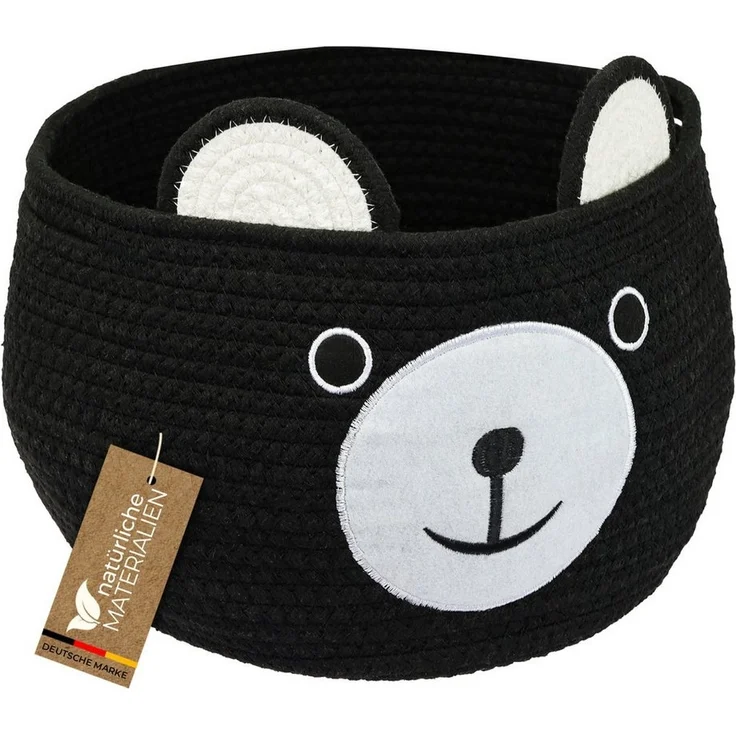 HMF Aufbewahrungskorb Aufbewahrungskorb mit versteckten Griffen, Korb für Kinderzimmer aus Baumwolle, Bär, Schwarz – Bild 1