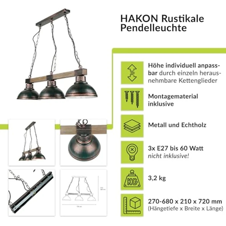 Licht-Erlebnisse HAKON, Hängelampe Metall Holz in Kupfer Antik, 72 cm, 3-flammig, Vintage Pendelleuchte für Esszimmer und Wohnzimmer – Bild 2