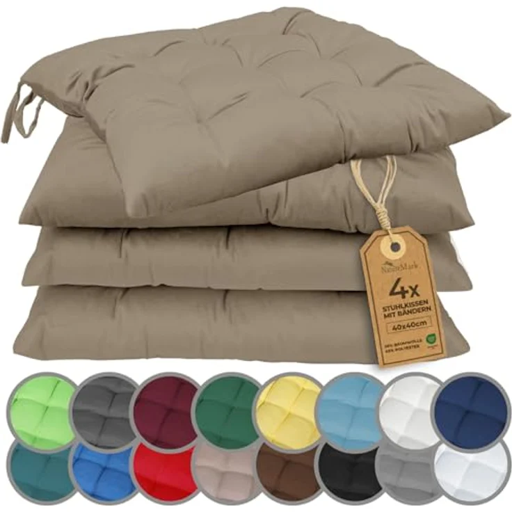 NatureMark 4er Set Stuhlkissen mit Bändern Gr. 40x40 cm Sitzkissen gefüllt, Sand/Beige – Bild 2