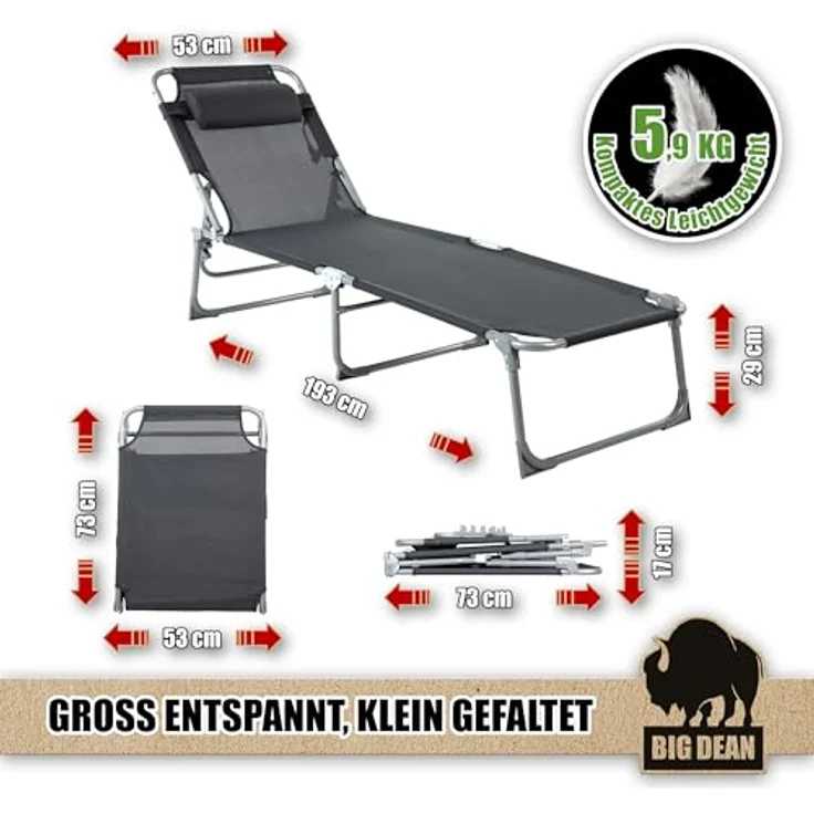 BigDean Sonnenliege klappbar mit Kopfkissen extra hoch dunkelgrau 150 kg belastbar - hochwertige Gartenliege für Balkon, Garten & Strand – Bild 3