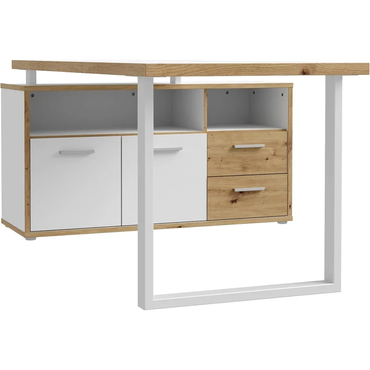 Forte KEFLAVIK Schreibtisch mit Schrank 120 130, modernes Büromöbel mit 2 Türen und 2 Schubladen, Weiß | Artisan Eiche Holzdekor, 124,2 cm breit x 74,1 cm hoch x 181 cm tief – Bild 3
