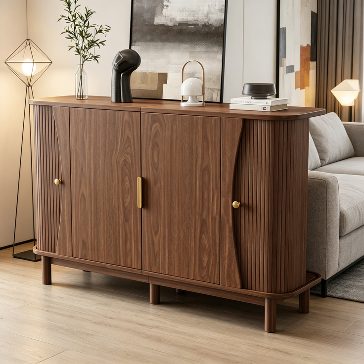 Merax Sideboard 140 x 40 x 88 cm aus MDF, Kommode mit geschwungenen Kanten, 2 Schiebetüren, Stauraumschrank, Walnuss – Bild 2