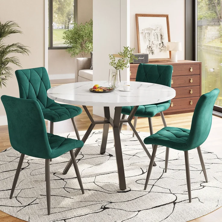 Esszimmer-Set 5-teilig runder Marmor Tisch 100cm×100cm & 4 Grün Samtstühle Metallgestell – Bild 1