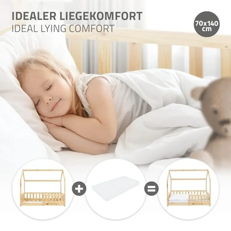 ML-DESIGN Kinderbett Hausbett Spielbett inkl. Lattenrost kreativ Bodenbett für Kinder, Abenteuerbett mit Rausfallschutz Spielbett Kiefer Natur Himmelbett – Bild 6