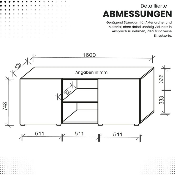 bümö Schwebetürenschrank, Sideboard Graphit/Asteiche - Büromöbel Sideboard Holz 160cm breit, 42cm schmal, Büro Schrank mit Schwebetür für Flur oder als Wohnzimmer-Kommode, 1780-G-R – Bild 8