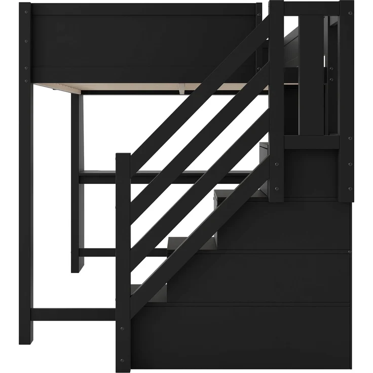 Hochbett 140x200 cm mit Schreibtisch, mehrstufigem Stauraum, LED-Beleuchtung und Stauraumtreppe, Schwarz – Bild 8