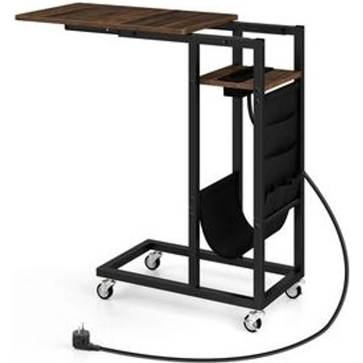 COSTWAY Beistelltisch, C-förmig mit Ladestation, ausziehbarer Tischplatte, Rollen – Bild 5