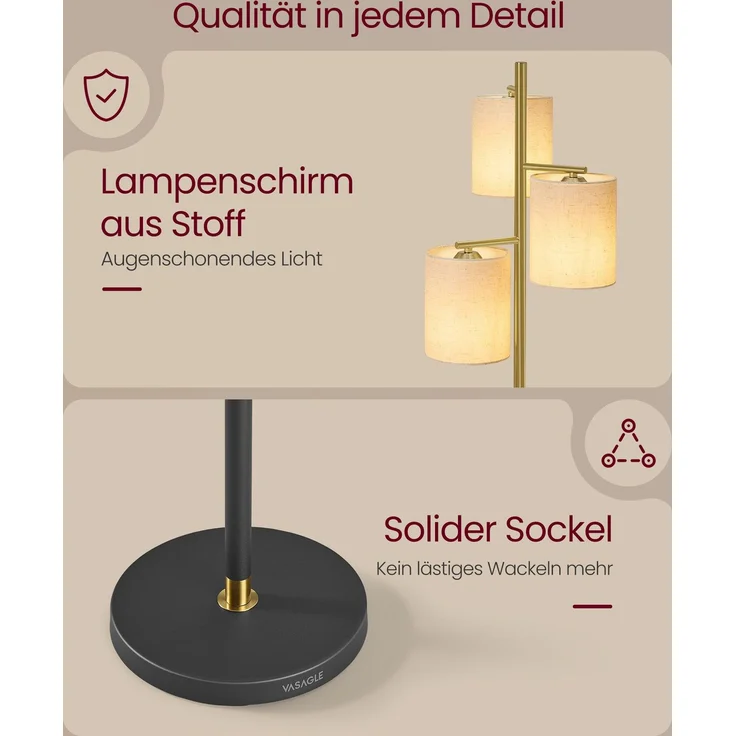 VASAGLE Stehleuchte, Standleuchte, Stehlampe mit 3 Glühbirnen, verstellbare Helligkeit, modern, Lampenschirm aus Stoff, 3 E27 Fassungen, gold-schwarz LFL003B02 – Bild 3