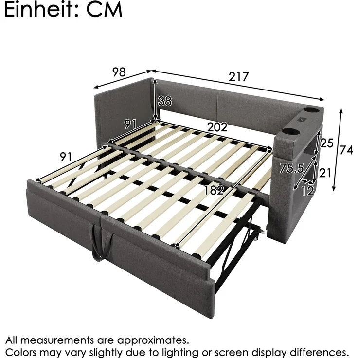 Schlafsofa 90x200 cm Ausziehbett mit Armlehne, USB/Typ-C Ladebereich, Getränkehalter & Stauraum – Bild 10
